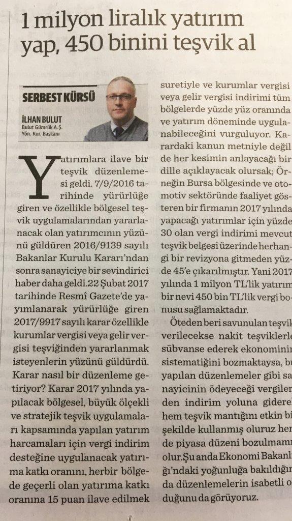 1 Milyon liralık yatırım yap, 450 binini teşvik al  28 Şubat 2017  